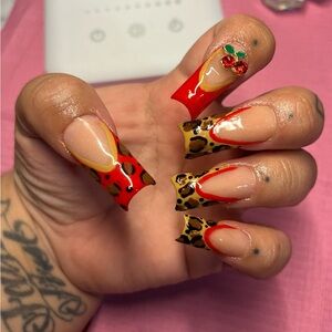 Red and Leopard Print Acrylic Nails